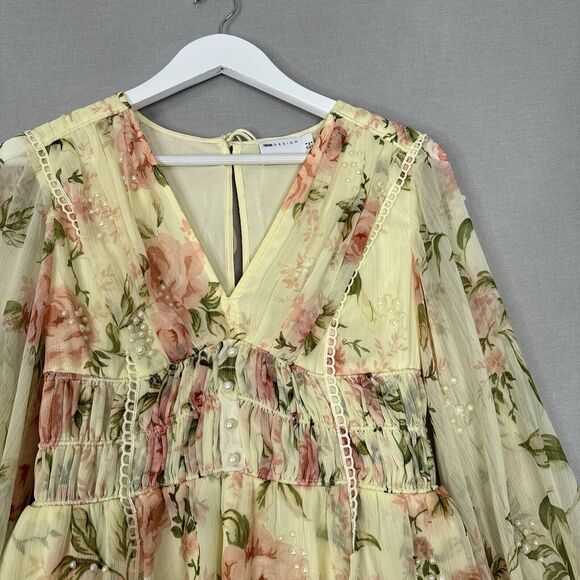 ASOS Design Womens Dress 4 Yellow Pearl Embellished Floral Tiered Fairy Boho - Picture 2 of 16